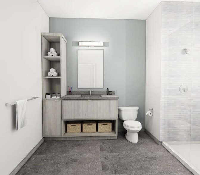 Designer bathrooms with double vanities, quartz countertops, and linen closet in select apartment homes near Boston. - Modera Revere Beach
