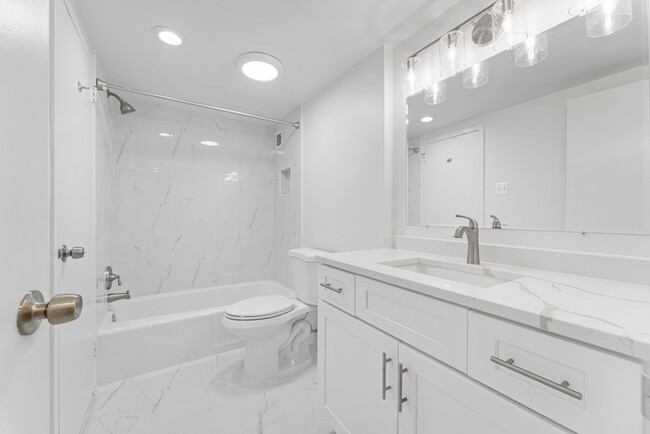 Extra tall new white wood vanity with shower-tub & designer lights & hardware - 4515 Willard Ave