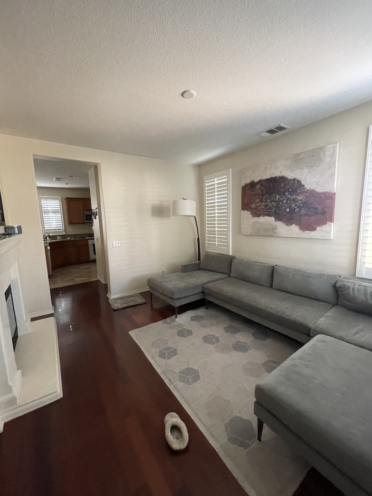 Living room with abundance of windows, fireplace, and hardwood floors - 26019 Brinton Plz