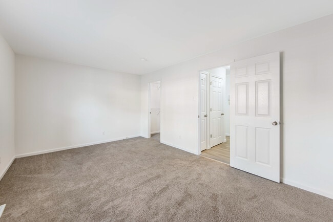 Spacious and inviting bedroom with plush carpeting, walk in closet, and ample natural light, perfect for relaxation. - Woods Mill Park Apartments & Townhomes