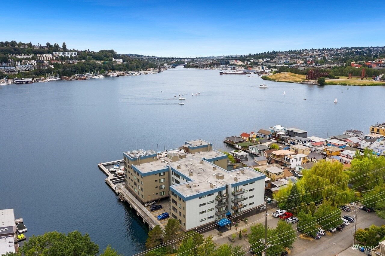 Aerial over building towards Gas Works Park and Aurora Bridge - 2301 Fairview Ave E