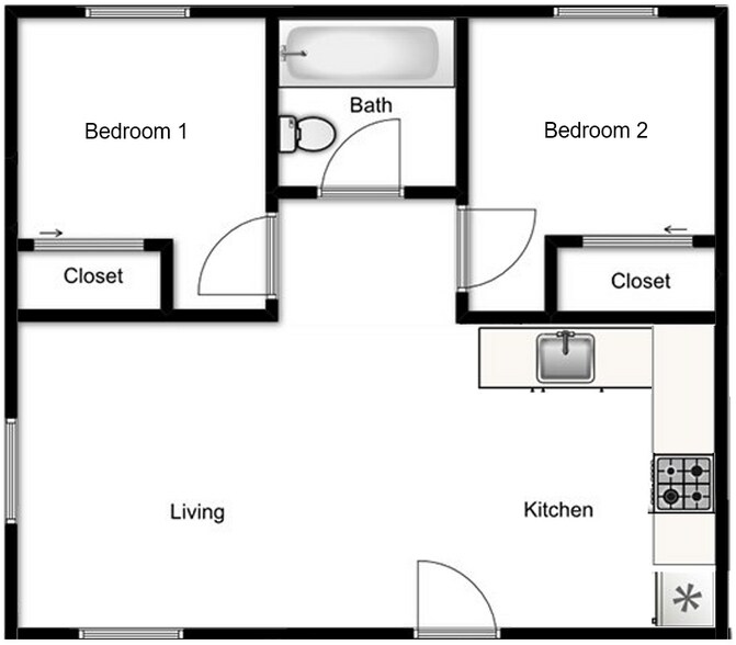 Layout of the 2 bed, 1 bath unit - 14710 13th Ave N