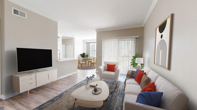 Newly Renovated Living Room with Hardwood-Style Flooring - The Oasis Apartments