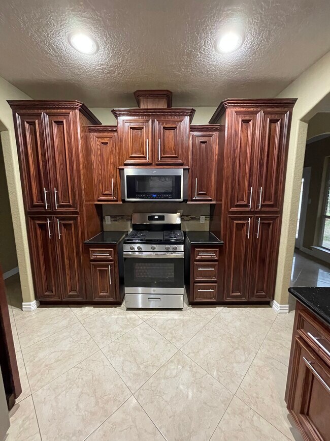 Stainless Steel Stove Kitchen, Custom built wood cabinets, black granite with gold flakes countertop - 600 River Bend Dr