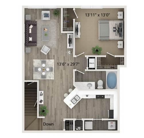 One Bedroom One Bath Floor Plan - Halston World Gateway Apartment Homes