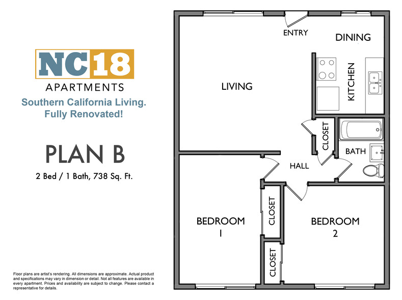 Plan B, 2 Bed / 1 Bath, 738 Sq. Ft. - NC18 Apartments