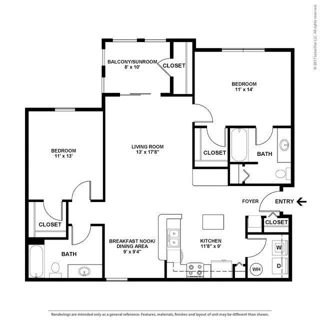 Tortuga - 2B2B - 1154 SF - Biscayne - 2D Floorplan - Tortuga Bay at Waterford Lakes