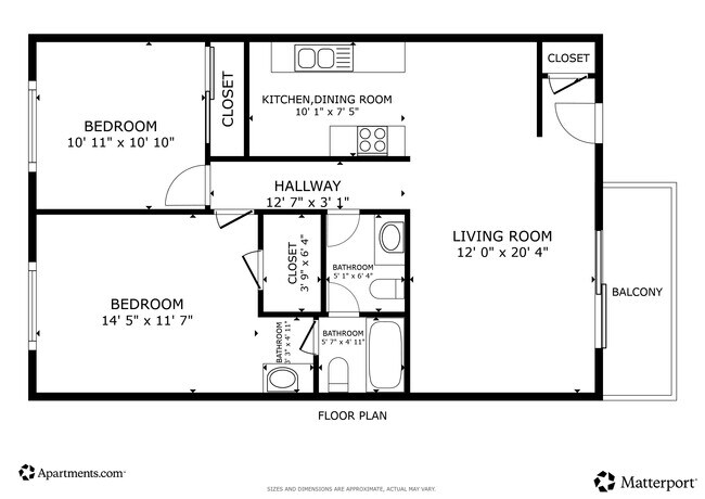 Floor Plan - 2BR, 1.5BA - 1,000SF - Brentwood Apartments