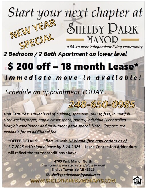 2 Bed Lower Level Units - SPECIAL - Shelby Park Manor Apts - 55 & OVER