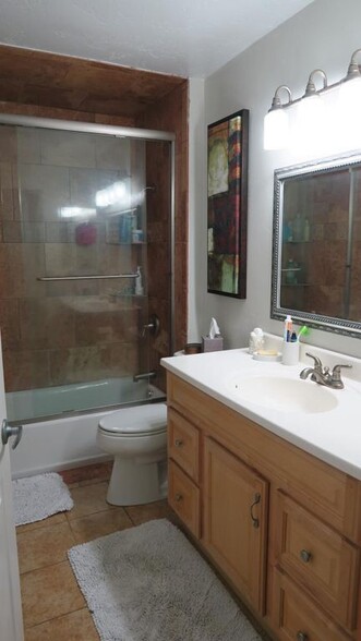 Master bathroom completed updated, new tub enclosure, toilet, mirror and cabinets - 6111 Rancho Mission Rd