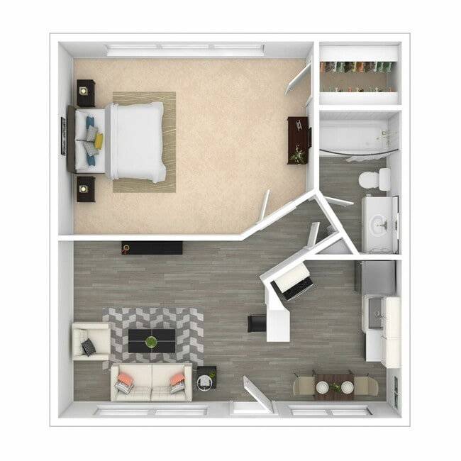 3D Furnished One-Bedroom Floor Plan - Elivia Apartments