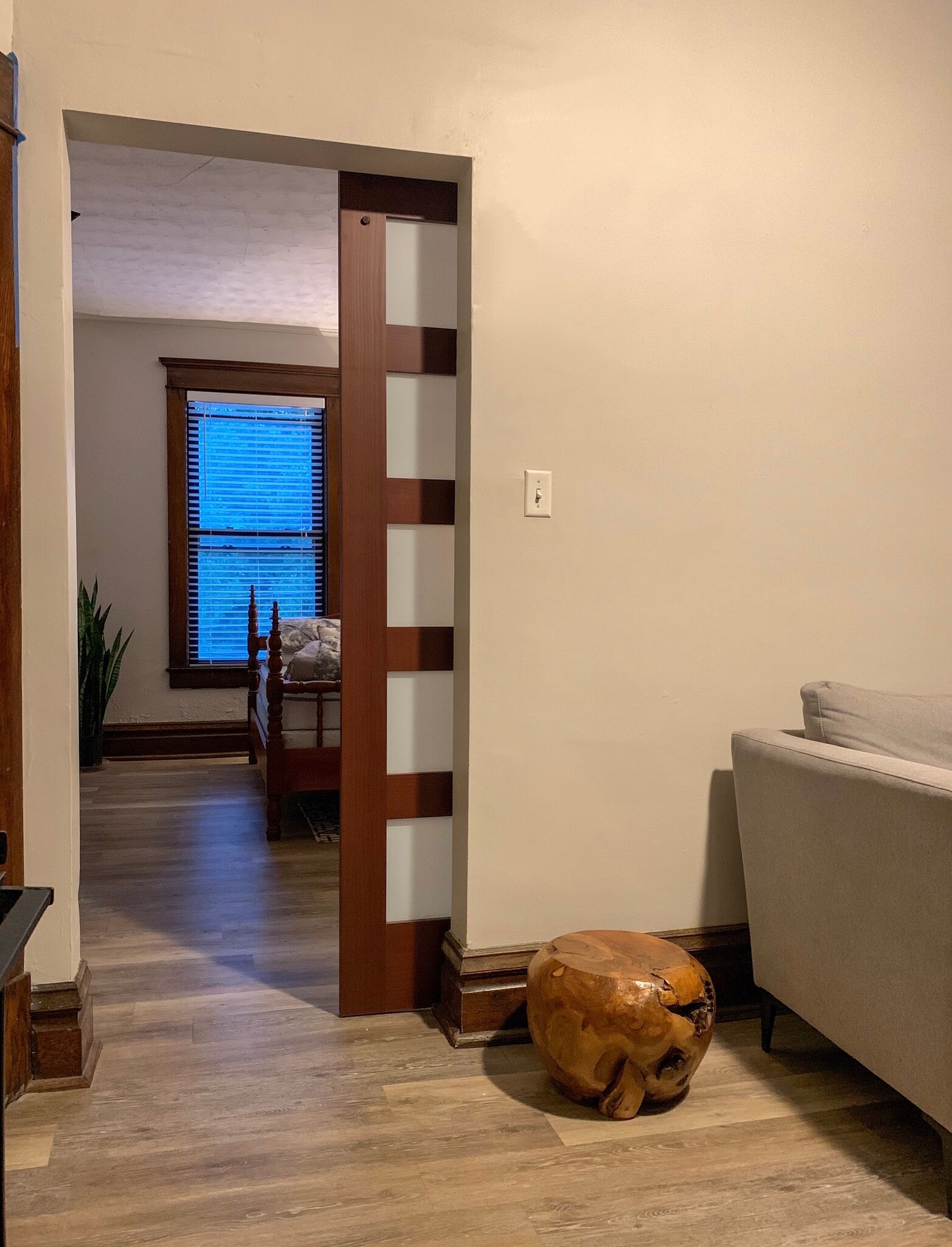 Wood and frosted glass barn door to bedroom - 350 Cobun Avenue