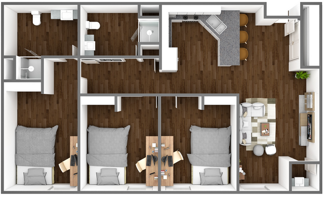 Renovated 3 Bedroom Floor Plan. - Park at 1824 Student Apartments