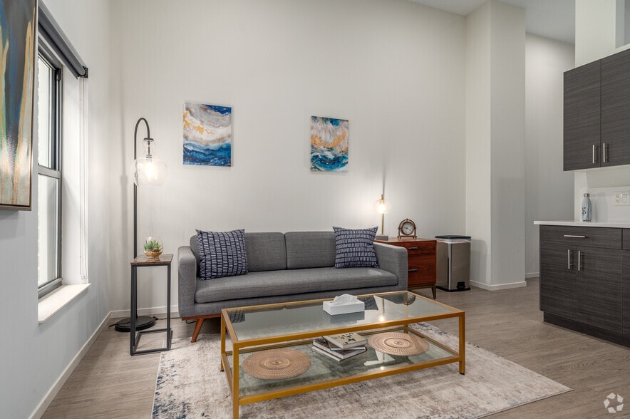 Model - 1BD, 1BA - 800SF - Living Room - Euclid Grand