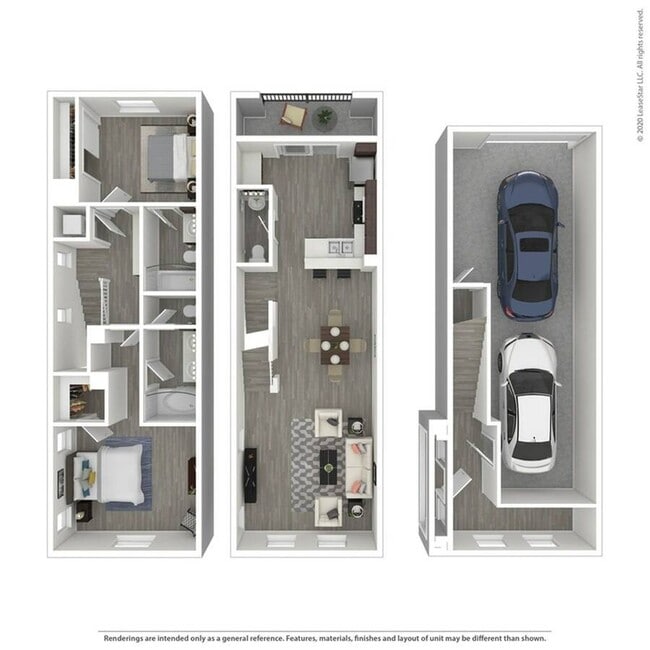 Multi-level two bedroom, two-and-a-half bath townhome. Bedrooms on the top floor with bathrooms in each bedroom for privacy. Washer and dryer included on the second floor for easy access. Attached, two-car tandem garage included. - Trio Townhomes