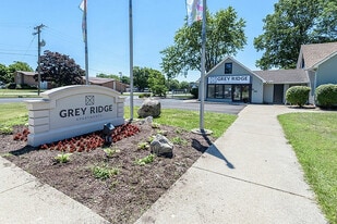 Welcome to Grey Ridge Apartments, featuring a stylish entry sign with vibrant landscaping under a clear blue sky. - Grey Ridge Apartments