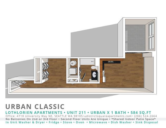 1 Bed, 1 Bath Urban Classic Alternate Floorplan (211) - Yugo Seattle Lothlorien