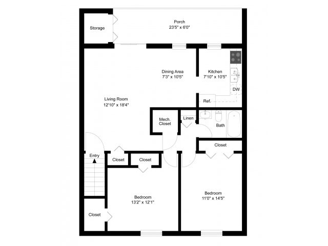 Two bedroom upstairs floor plan - Westover Village Apartments