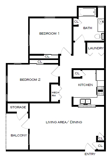 2 Bedroom 1 Bath - Town Center Apartments