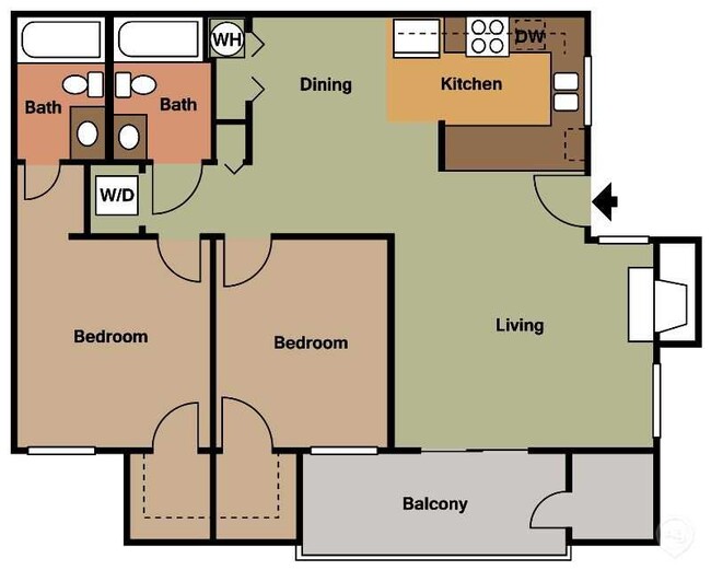 2 Bedroom 2 Bathroom Floorplan - Sycamore Terrace Apartments