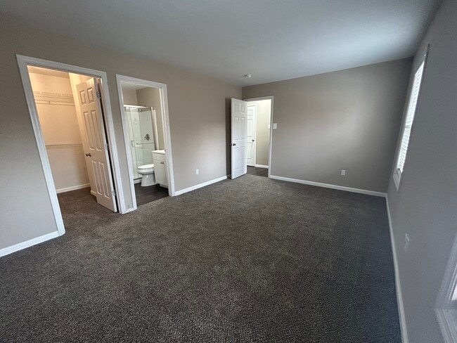 Spacious primary bedroom with plush carpeting, featuring a walk-in closet and an en-suite bathroom, illuminated by natural light from large windows. - Woods Mill Park Apartments & Townhomes