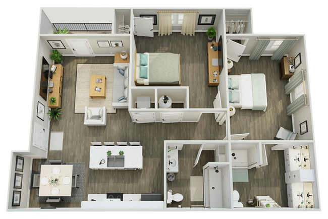 Chic 3D floor plan showcasing two spacious bedrooms, elegant open-plan living and dining area, modern kitchen, and two bathrooms with stylish fixtures. - Pointe Grand Estrella at Phoenix