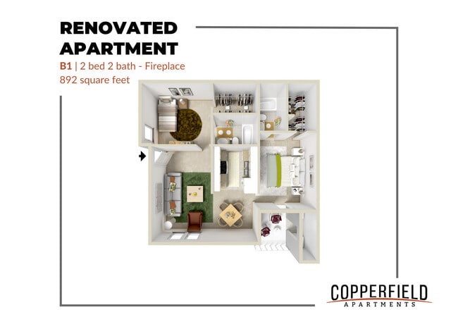 Copperfield Apartments - B1 Fireplace Renovated - Copperfield Apartments