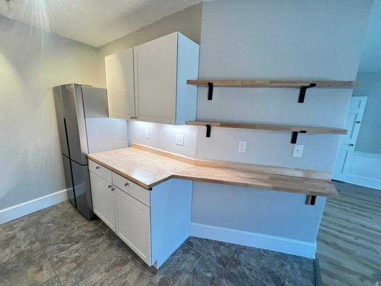 Renovated kitchen, butcher block counters, cabinets & shelves - 5 Chapel St