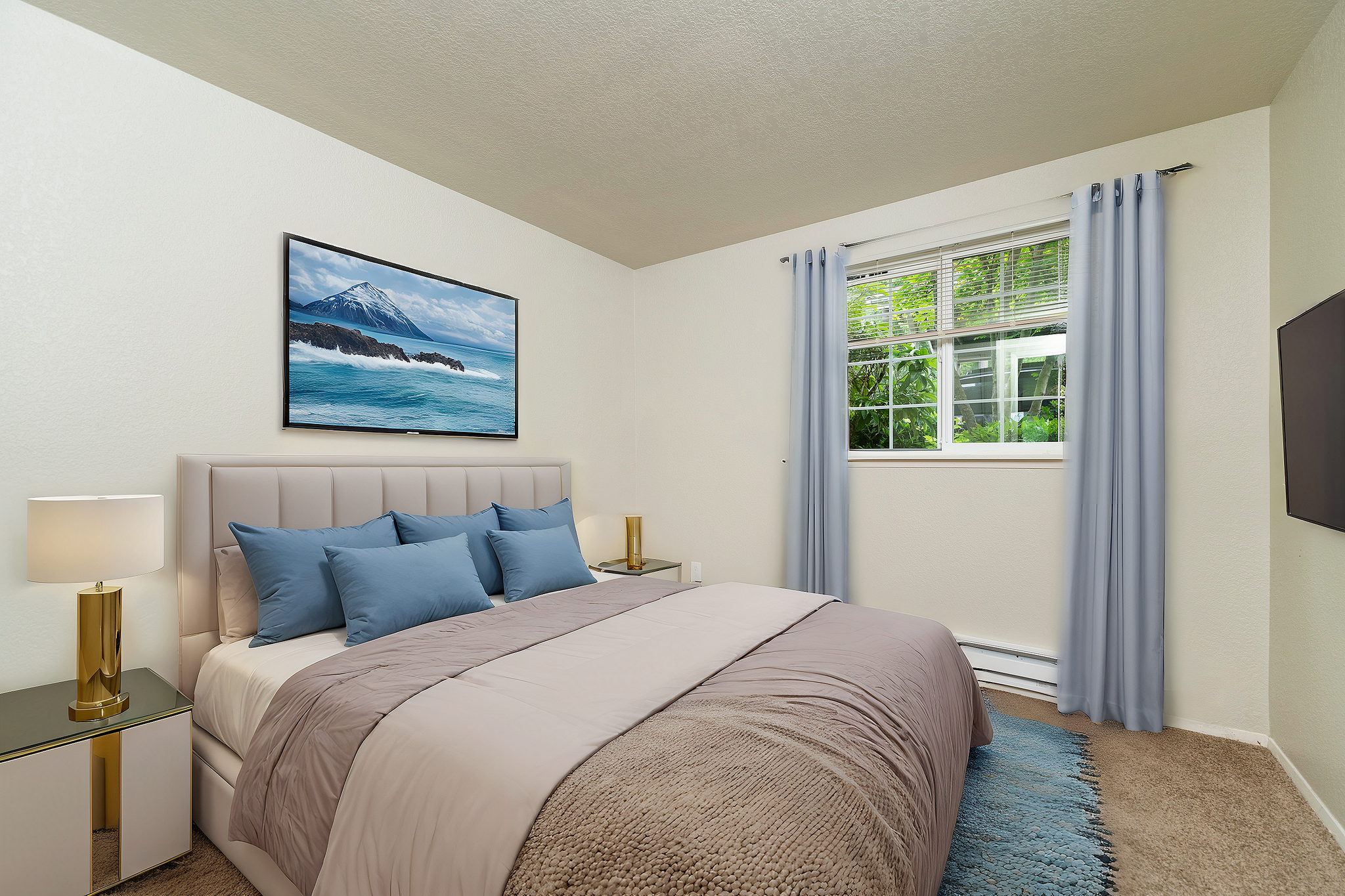 Experience tranquility in this elegantly designed bedroom, perfect for restful nights. - Sunset Gardens Apartments