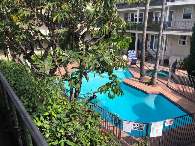 View into pool and courtyard - 11670 Sunset Blvd