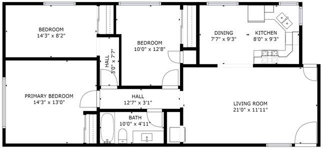 3BR/1BA Layout - Winnetka Gardens Apartments