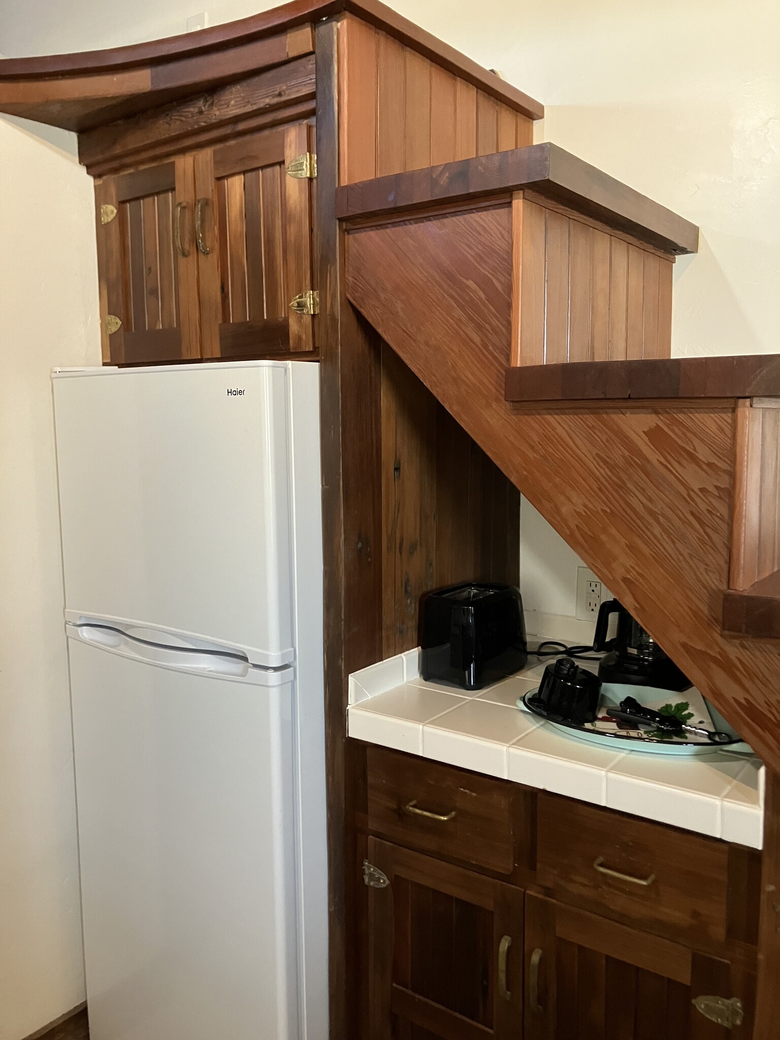 Refrigerator, Coffee & wine bar under loft staircase additional storage - 9224 Crows Landing Rd