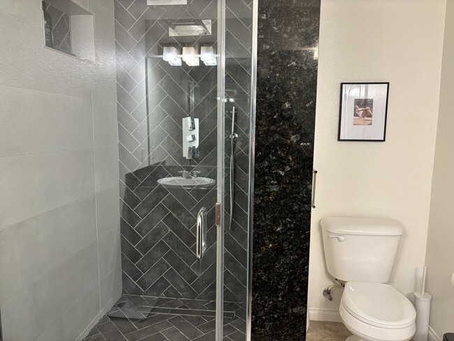 "Luxurious shower featuring rain shower head, herringbone tile pattern and modern fixtures - 3740 Santa Rosalia Dr