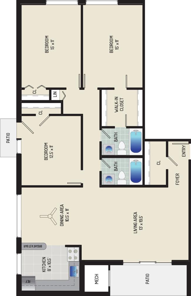 3 BR/ 2 BA (Style L) | 1,280 sq. ft. - Columbia Park Apartments