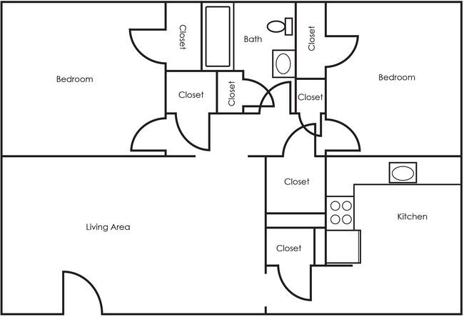 Two bedroom, one bath floor plan with ample closet space. - Park Place