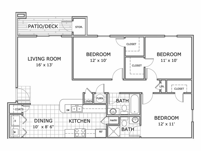 Watermill Park 3 bedroom apartment home floor plan image - Watermill Park Apartments