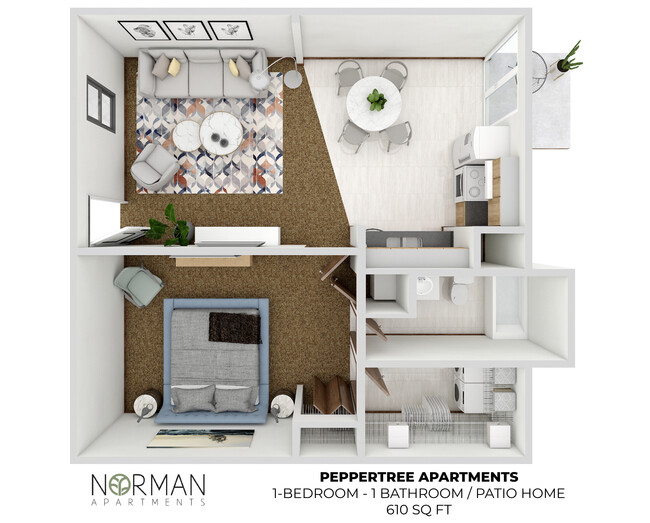 1 Bed 1 Bath Patio Home 610sqft - Springfield Apartments