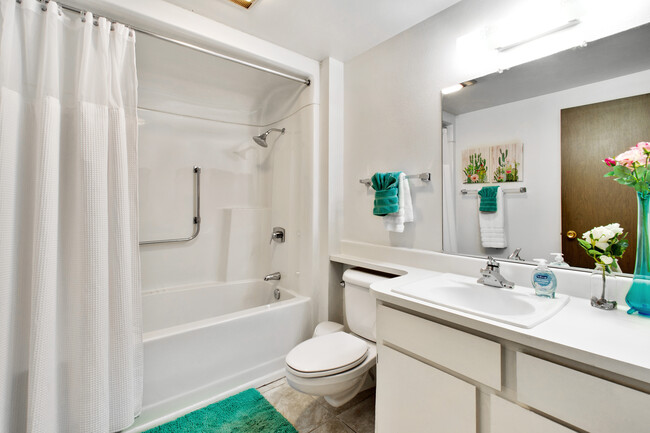 Large guest bathroom with a full bathtub and shower combination as well as a large bench. - 12414 W Nugget Ct