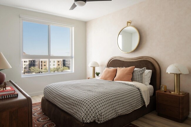 A serene bedroom retreat with warm textures, designer lighting, and natural light pouring in from expansive windows. - Modera Rio Salado