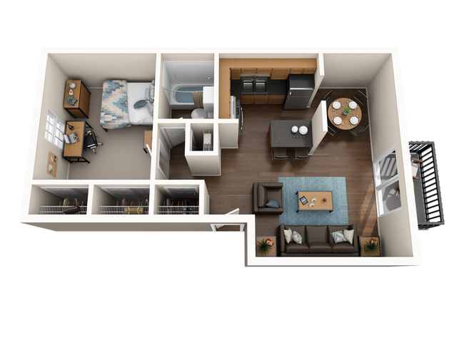 Chic 3D floor plan featuring 1 bedroom with a study area, modern kitchen with island, cozy living room, and elegant dining area, all with contemporary decor. - Oxford West