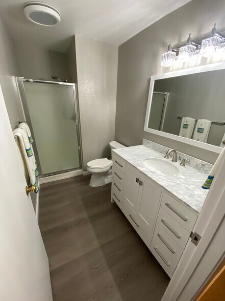 First floor bathroom with shower, new vanity and flooring - 443 Willow Ave