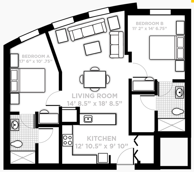 2BR/2BA Curve - NorthView Student Apartments