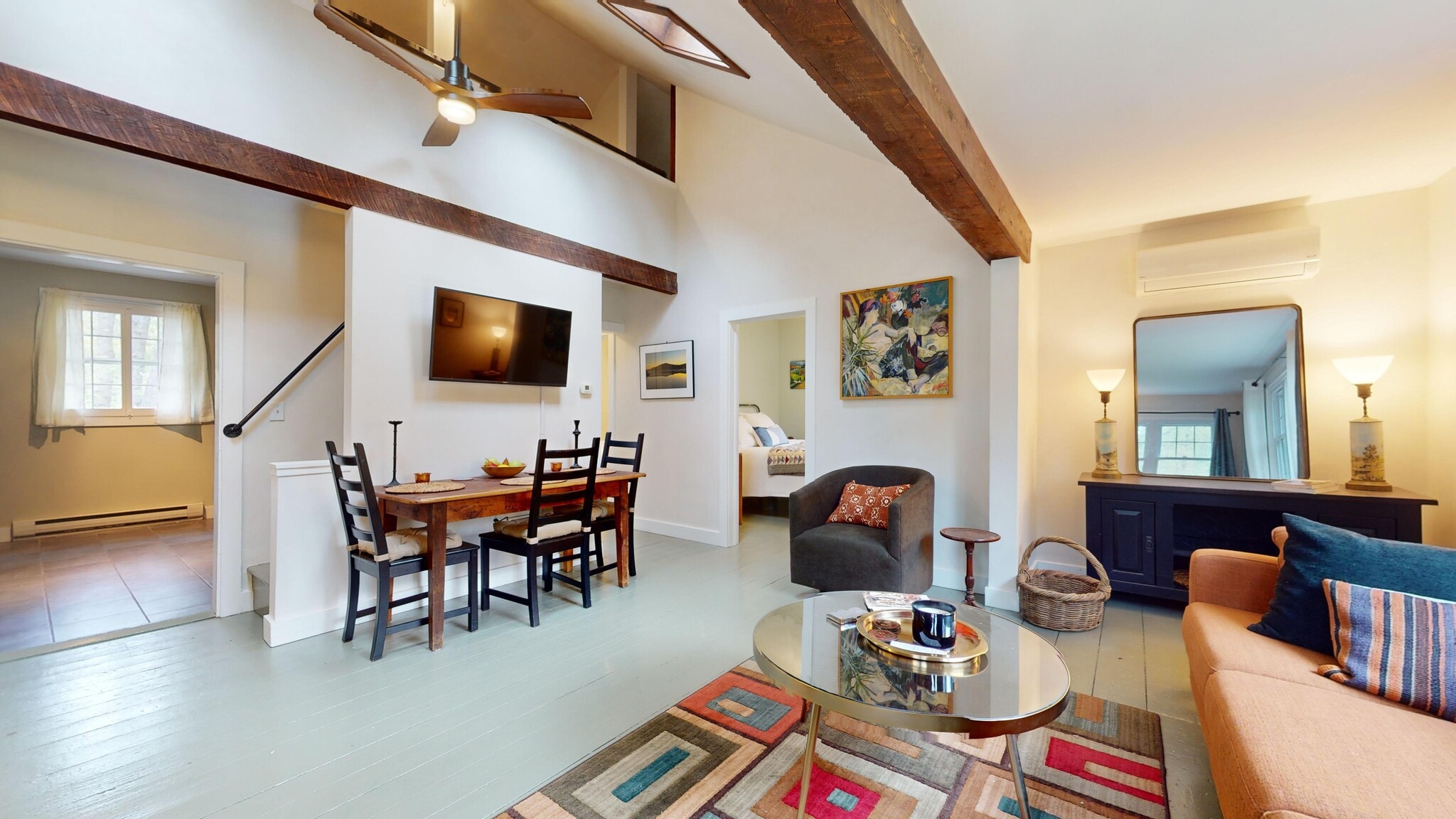Beamed vaulted ceiling with skylights - 65 Ohayo Mountain Rd