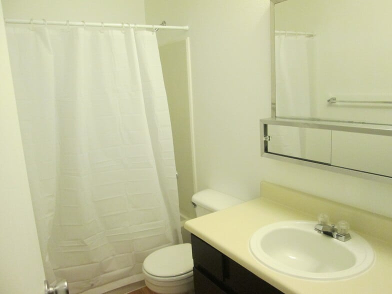 Main bathroom with refinished espresso stained cabinets. - 1440 Edora Rd