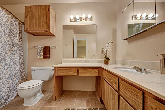 A large bathroom with a vanity and lots of cabinet space - High Plains