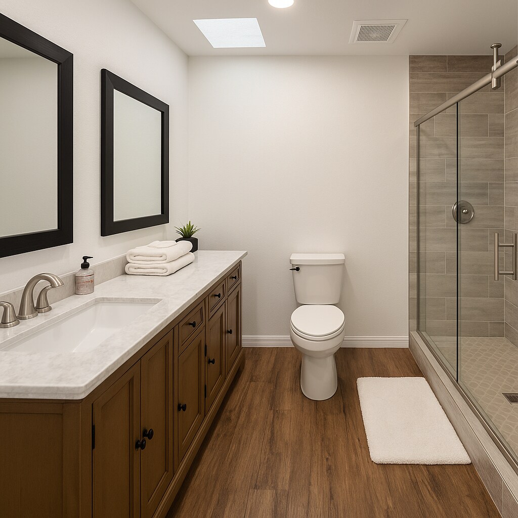 Elegant Bathroom with Double Vanity and Clean modern Shower Room - 10116 Mercedes St