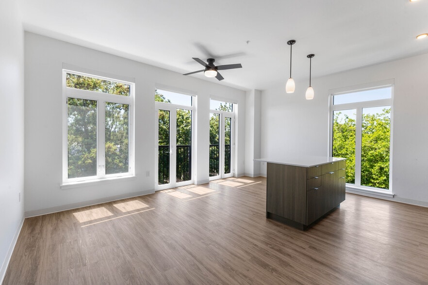 629 C5 One Bedroom Kitchen Island and View - The Hub at 629