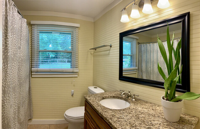 Hall bathroom with large granite vanity and shower/tub combo - 604 Joyce Ln