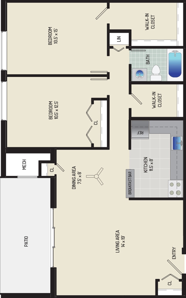 2 BR/ 1 BA (Style I2) | 1,015 sq. ft. - Columbia Park Apartments