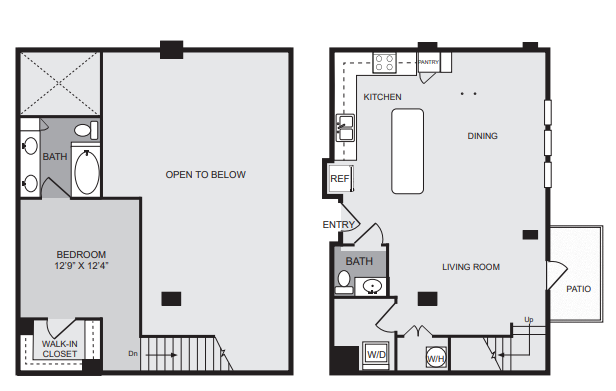 1 bedroom 1 bath two story apartment with kitchen island, dining area, patio, walk in closet and 1108 sq ft - Cantabria at Turtle Creek closed